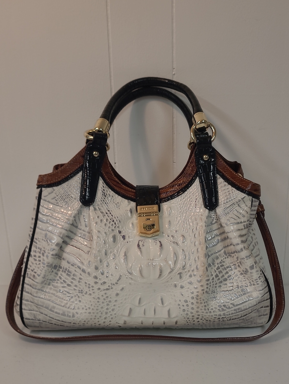 Brahmin White/Silver Croc-Embossed Hobo Satchel with Brown/Black/Gold Tone Trim